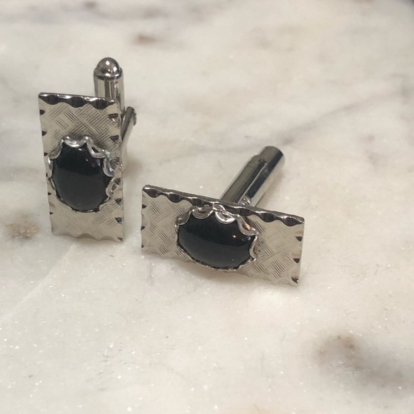 VTG Onyx Cabochon & Textures Scalloped Edge Silver Tone Mens Cufflinks .7” x .3” - Picture 3 of 5